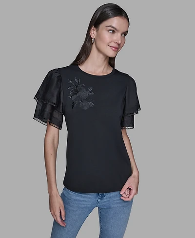 Karl Lagerfeld Paris Women's Ruffled Crewneck Floral Top