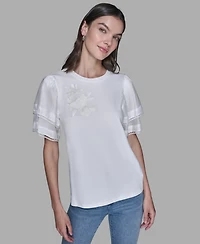 Karl Lagerfeld Paris Women's Ruffled Crewneck Floral Top