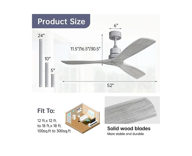 Sofucor 52-inch Modern Silver 3 Blades Walnut Ceiling Fan with 6 Speed Remote control and Timing and Forward Reverse Rotation Function for Indoor