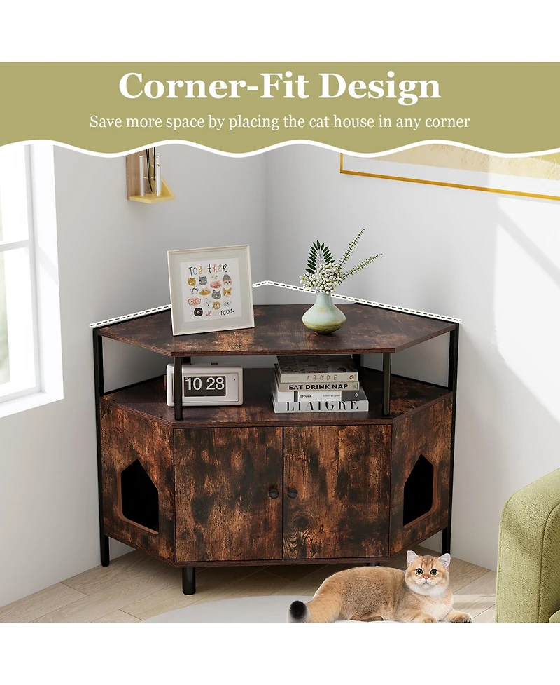 Gymax Corner Cat Litter Box Enclosure End Table w/ Open Shelf 2 Entries Double Doors