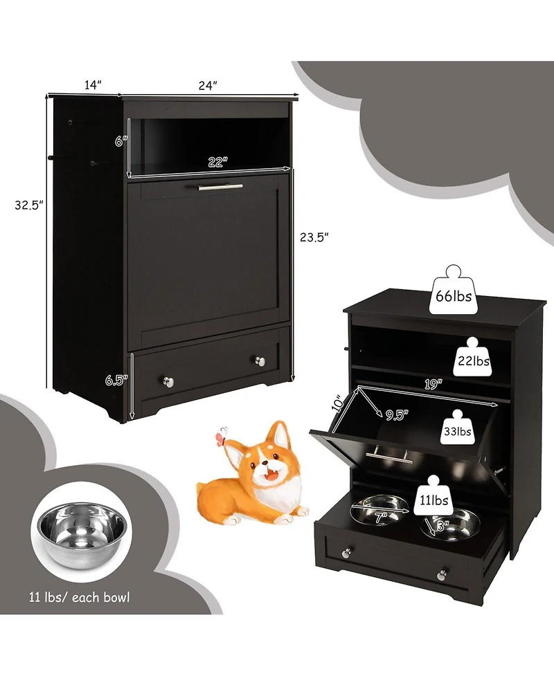 Gymax Pet Feeding Station Furniture w/ Double Pull Out Dog Bowl Food Cabinet