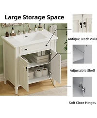 Boyel Living 31" Vintage Bathroom Vanity with Sink, Soft-Close Doors, Curved Profile & Adjustable Shelf, Gray