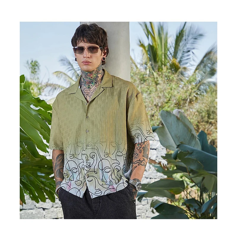 Campus Sutra Men's Pistachio Green Faces-Ombre Oversized Shirt