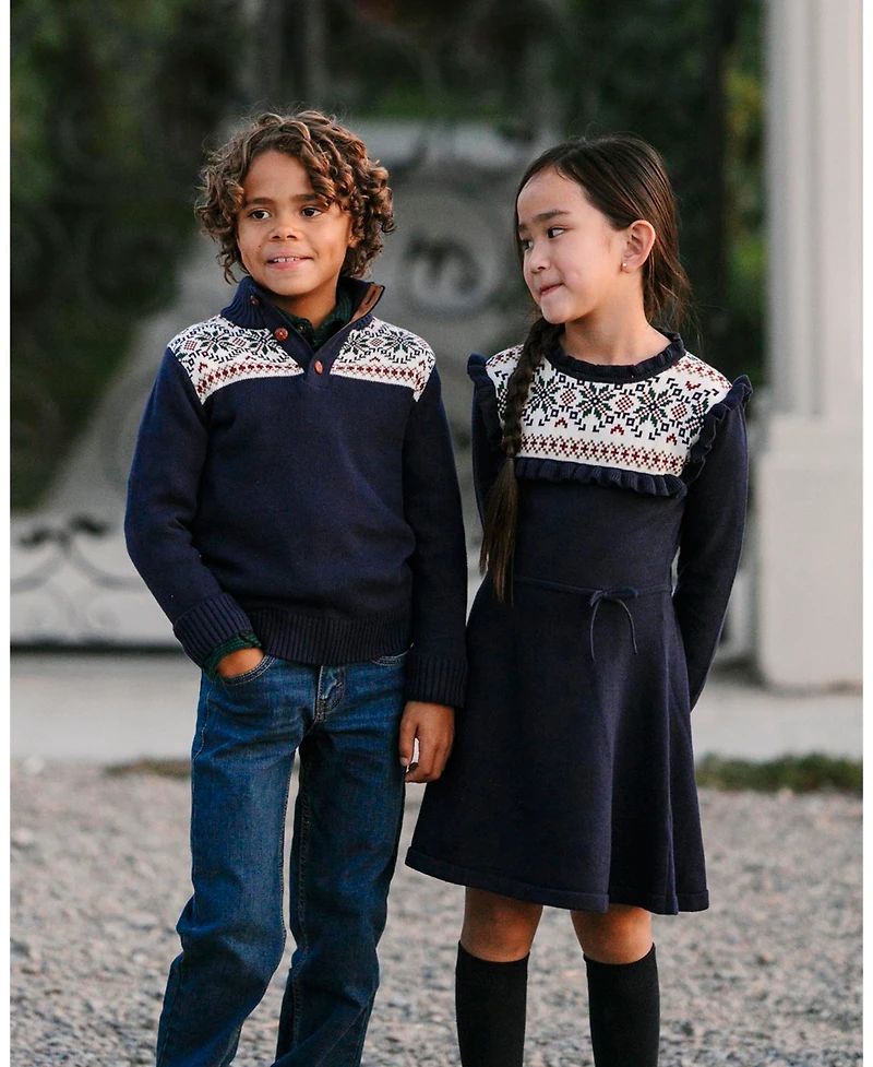 Hope & Henry Little and Big Boys' Organic Mock Neck Intarsia Sweater