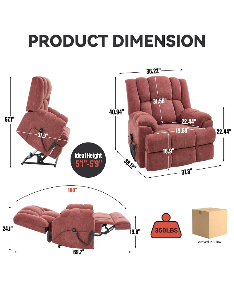 Dual Motor Heat Massage Infinite Position Up to 350 Lbs Electric Power Lift Recliners with Power-Remote, Medium-firm and Heavy Duty, Red