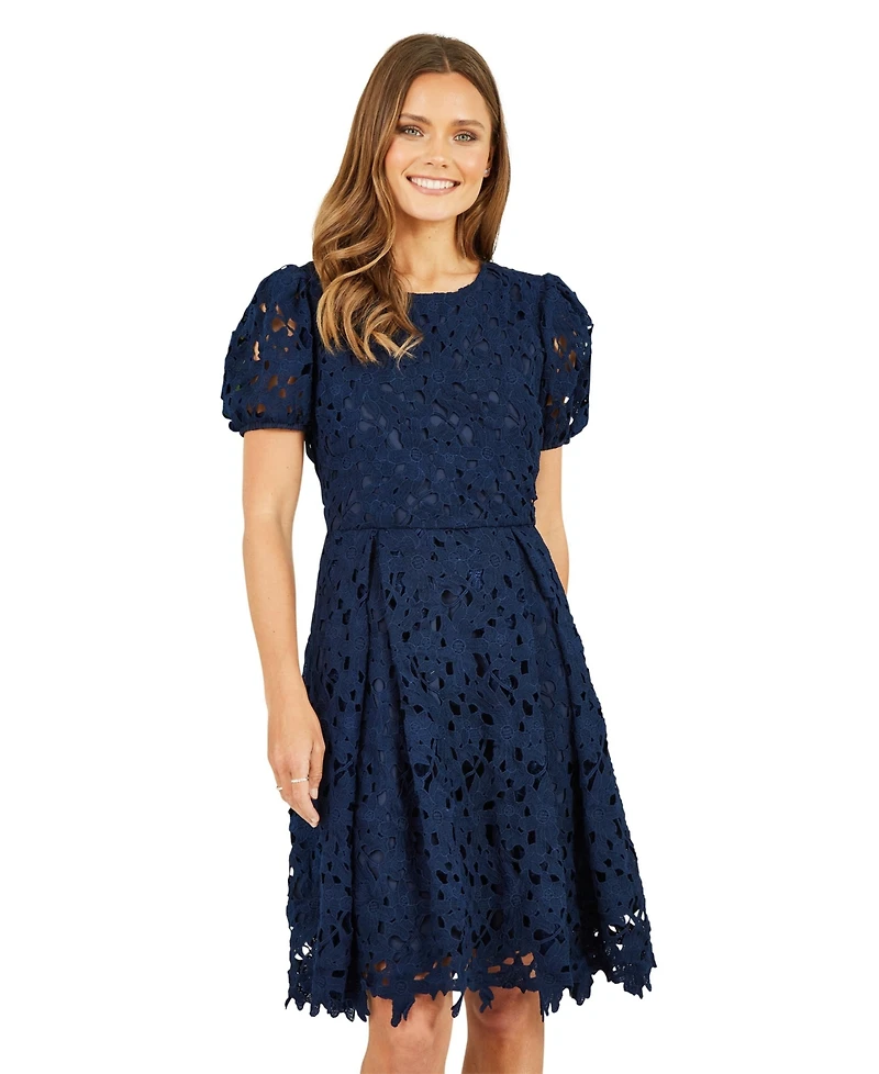 Yumi Women's Lace Skater Dress With Puff Sleeves
