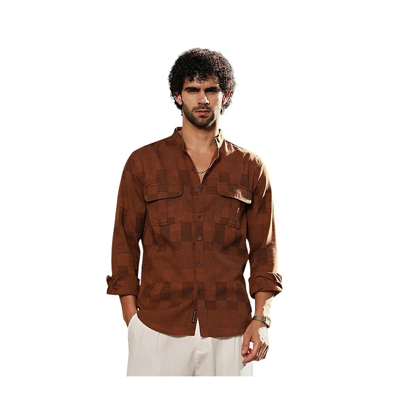 Campus Sutra Men's Russet Brown Mandarin Utility Shirt