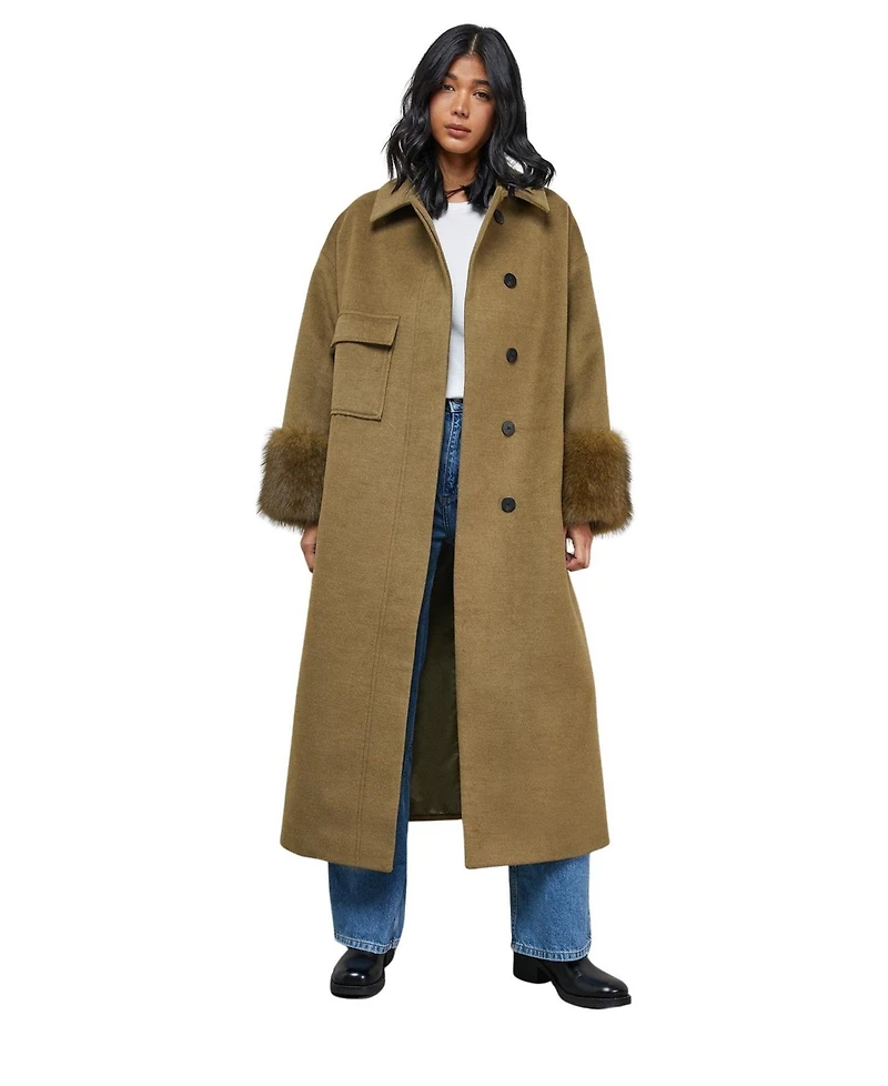 Warehouse Women's Patch Pocket Faux Fur Cuff Maxi Coat