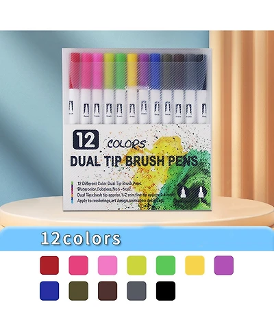 Htutwoo 12 Colors Watercolor Art Markers Set, Brush Pen Tip Fineliner Drawing Painting Stationery for Coloring Mang