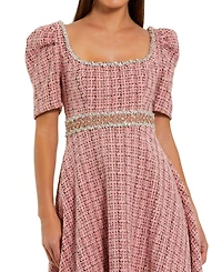 Mac Duggal Women's Puff Sleeve Boucle Midi Dress With Beaded Belt