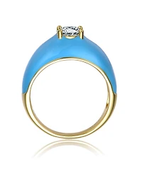 Ra Young Adults/Teens 14k Yellow Gold Plated with Cubic Zirconia Solitaire Blue Enamel Dome Ring