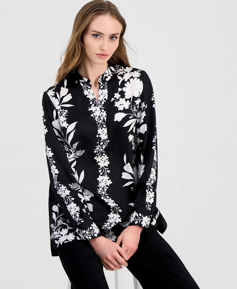 Anne Klein Women's Printed Long-Sleeve Popover Blouse