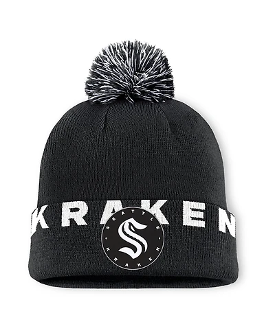 Fanatics Men's Black Seattle Kraken Fundamental High Stick Cuffed Pom with Knit Hat