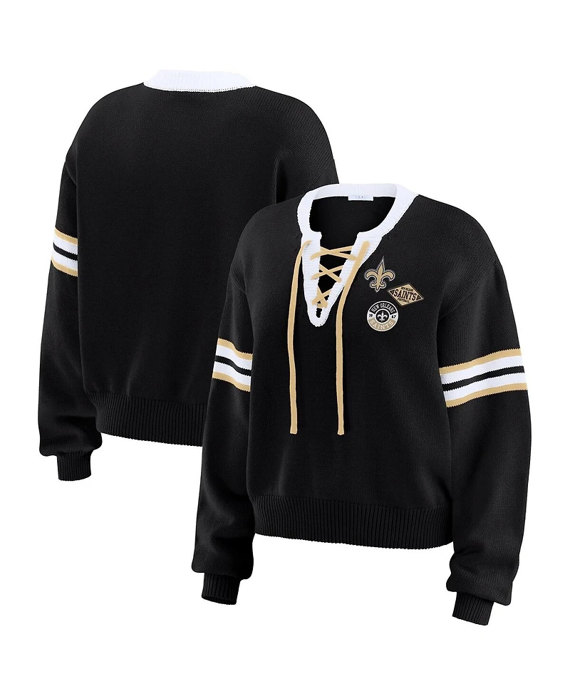 Wear by Erin Andrews Women's Black New Orleans Saints Lace-Up Sweater