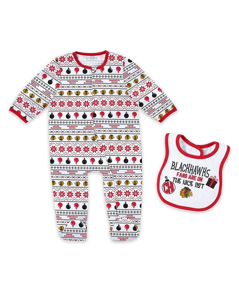 Wear by Erin Andrews Newborn 2-Piece Chicago Blackhawks Allover Print Full-Zip Sleeper and Bib Christmas Set