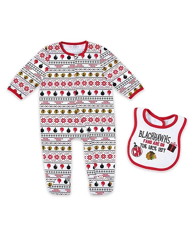 Wear by Erin Andrews Newborn 2-Piece Chicago Blackhawks Allover Print Full-Zip Sleeper and Bib Christmas Set