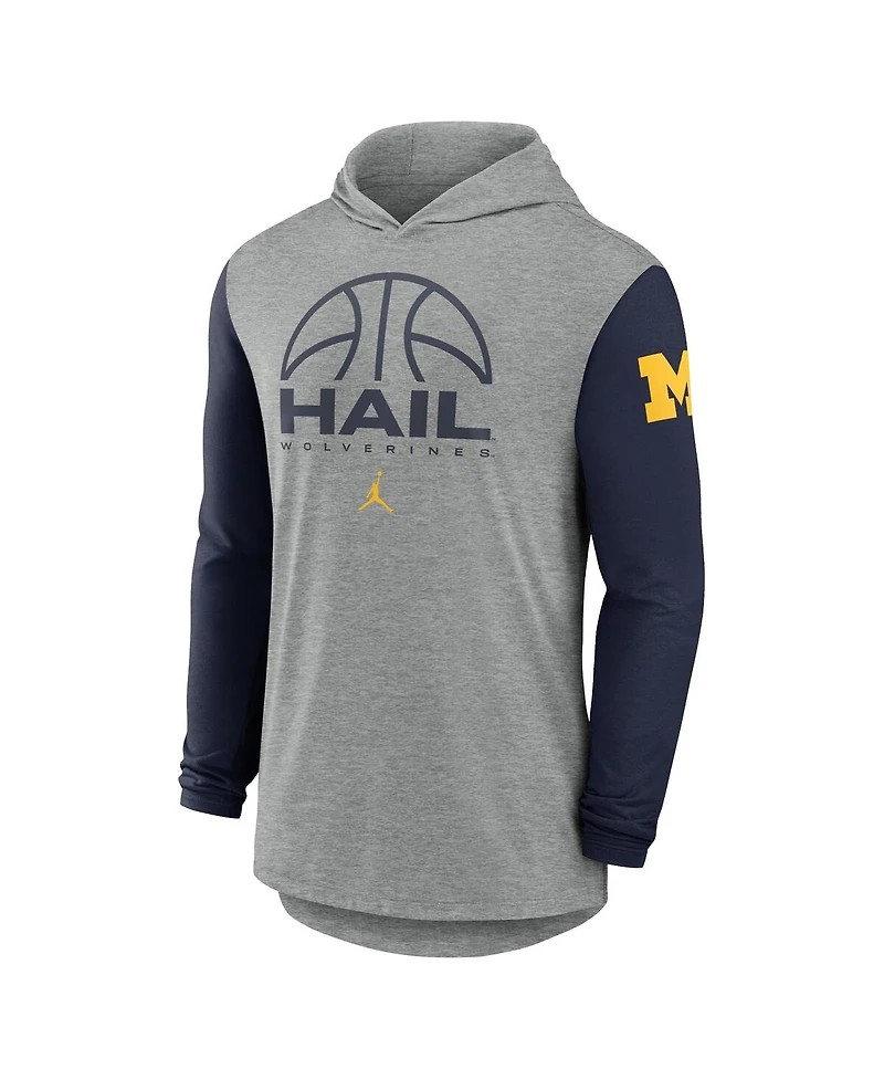 Jordan Men's Gray/Navy Michigan Wolverines Basketball Color-Block Tri-Blend Dri-fit Long Sleeve Hoodie T-Shirt