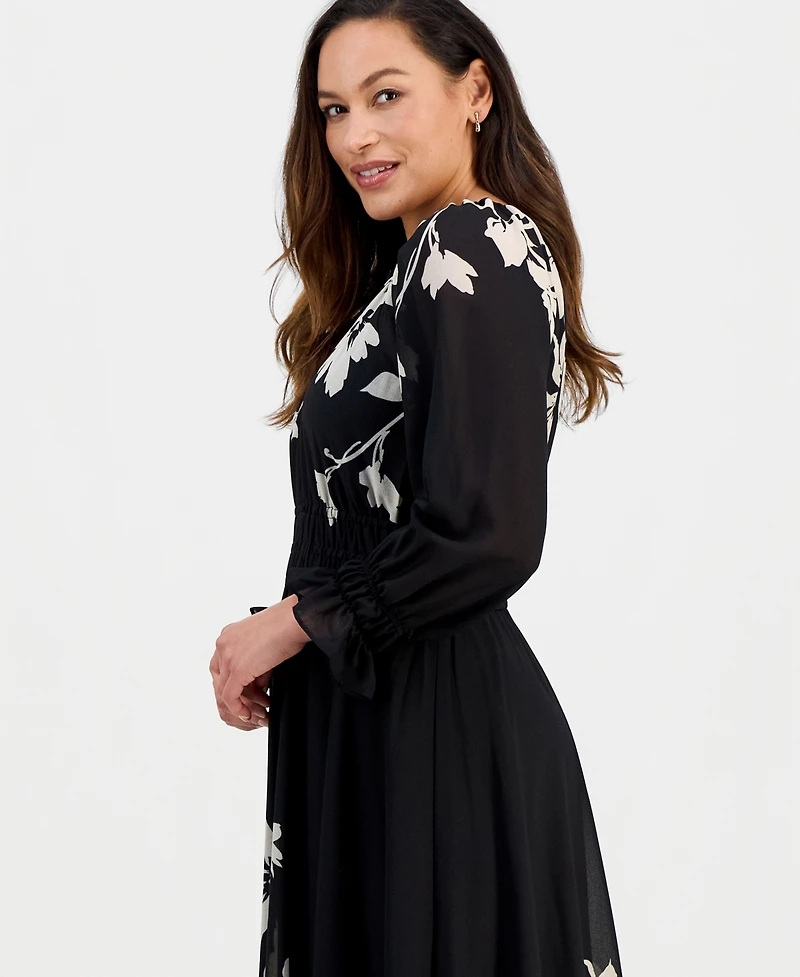 Taylor Women's Pleated Long-Sleeve Chiffon Midi Dress