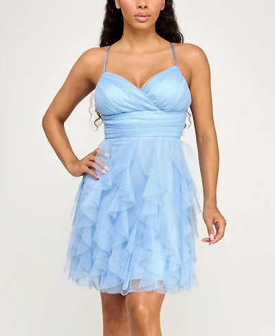 pear culture Juniors' Glitter-Mesh Petal Fit & Flare Dress