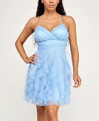 pear culture Juniors' Glitter-Mesh Petal Fit & Flare Dress