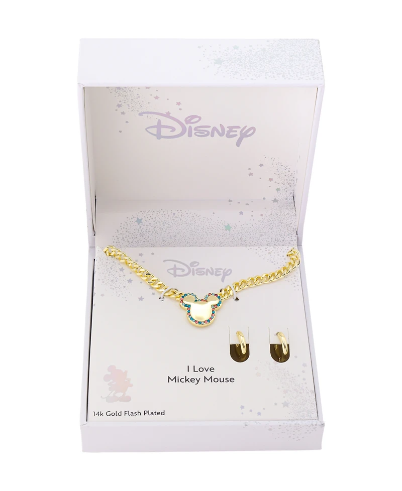 Disney Multi Color Crystal Mickey Mouse Curb Necklace and Hoop Earring Set