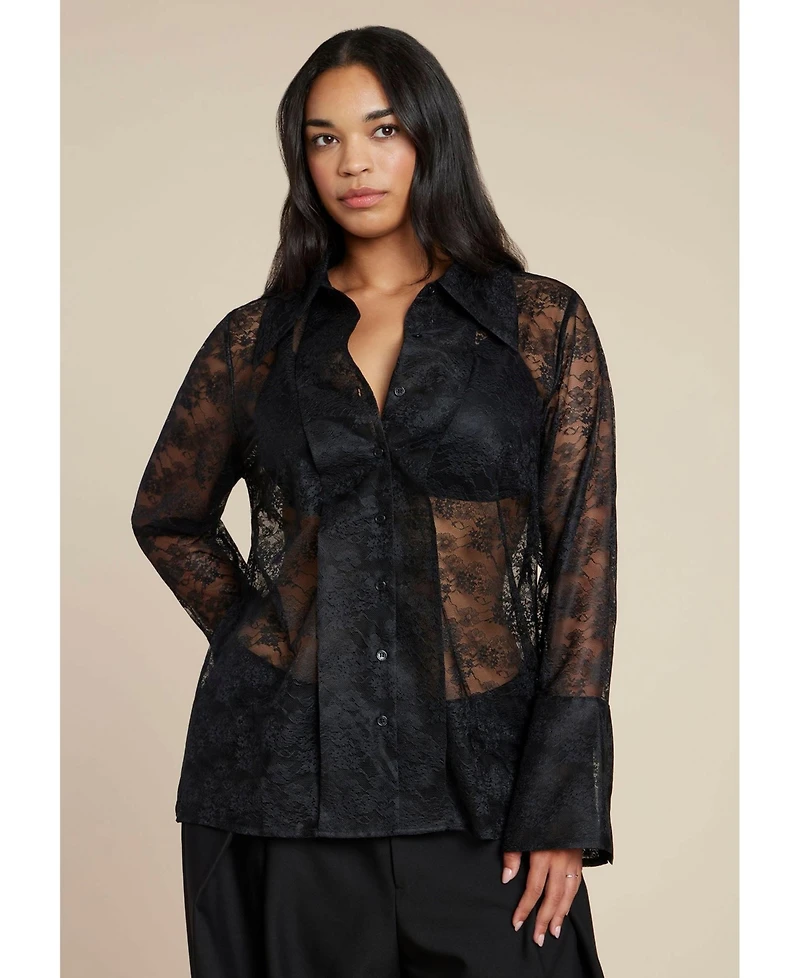 Eloquii Women's Sheer Lace Button Up Top