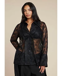 Eloquii Women's Sheer Lace Button Up Top