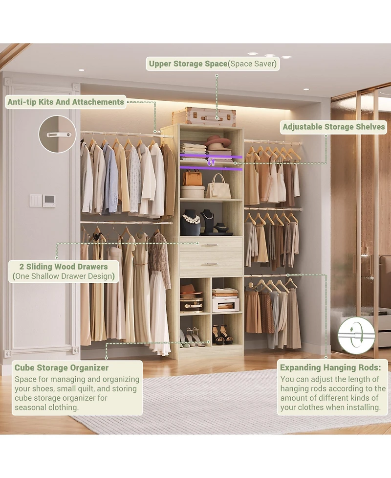 Aheaplus 4-8 Ft Walk-in Adjustable Closet Organizer System with 2 Drawers and 5 Rods, Fits 60-96'' Closets