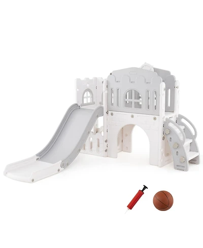 9-in-1 Toddler Slide L-Shaped with Basketball Hoop and Steering Wheel