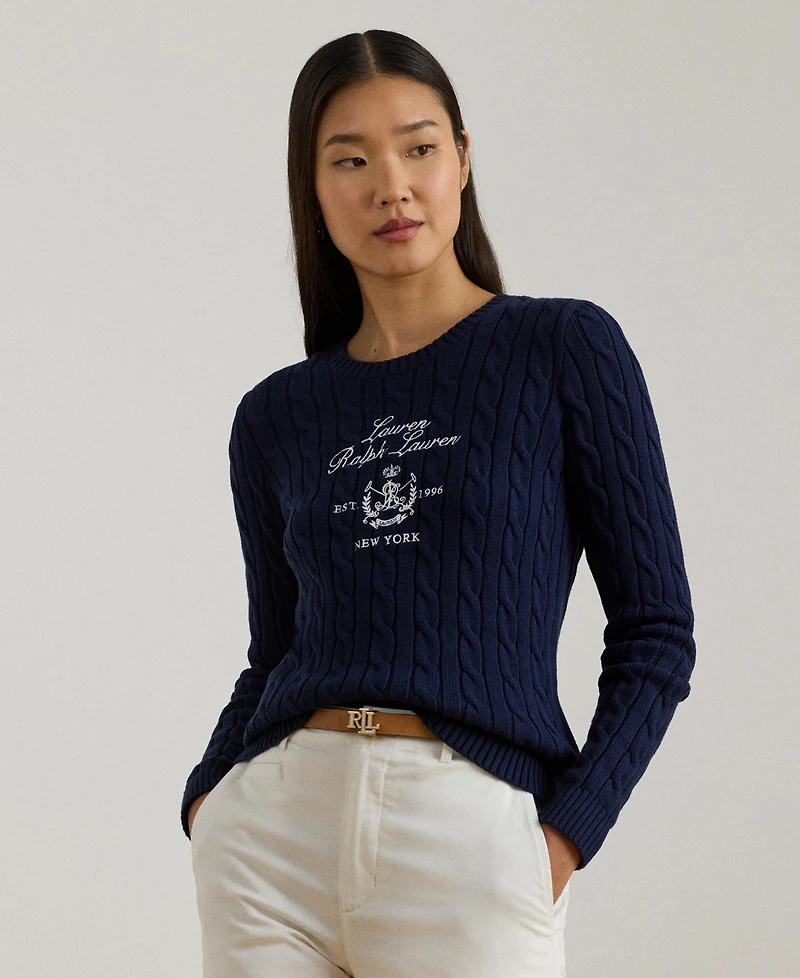 Lauren Ralph Women's Embroidered-Crest Cable-Knit Sweater