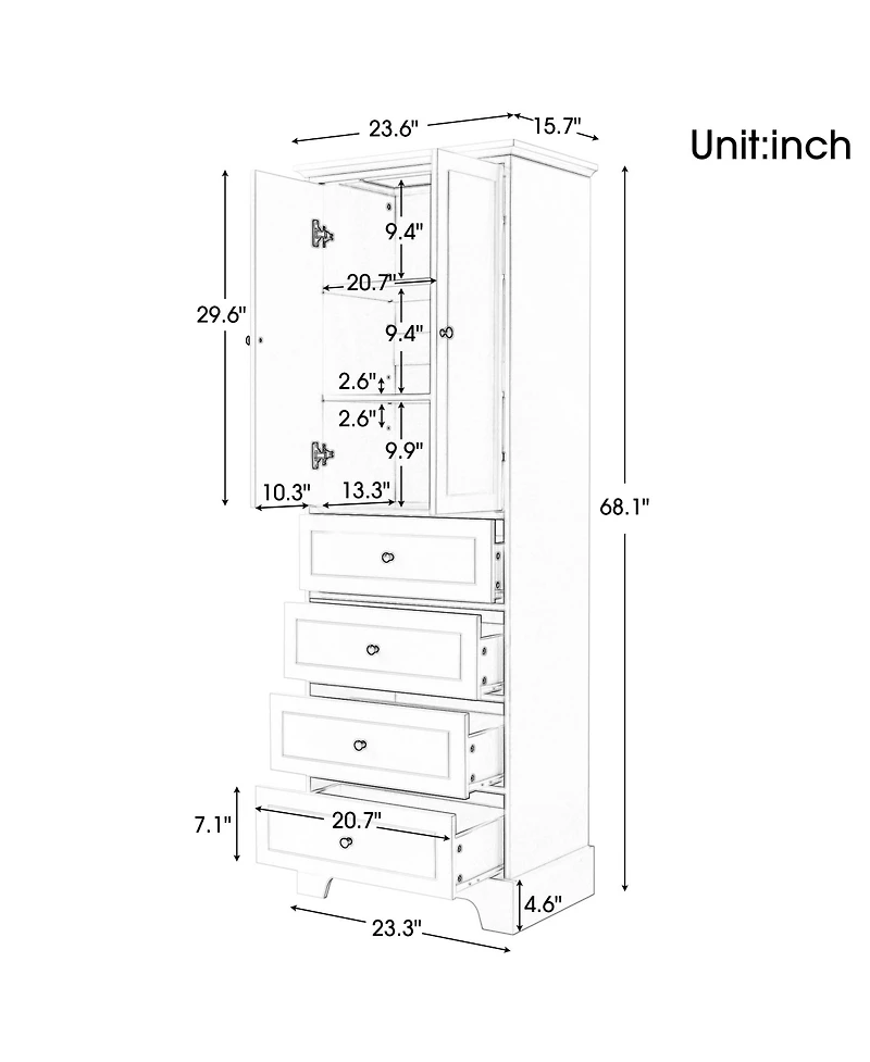Airsurfer White Storage Cabinet with 2 Doors and 4 Drawers Shelf Mdf Board Painted Finish Freestanding Organizer for Bathroom Office or Living Room