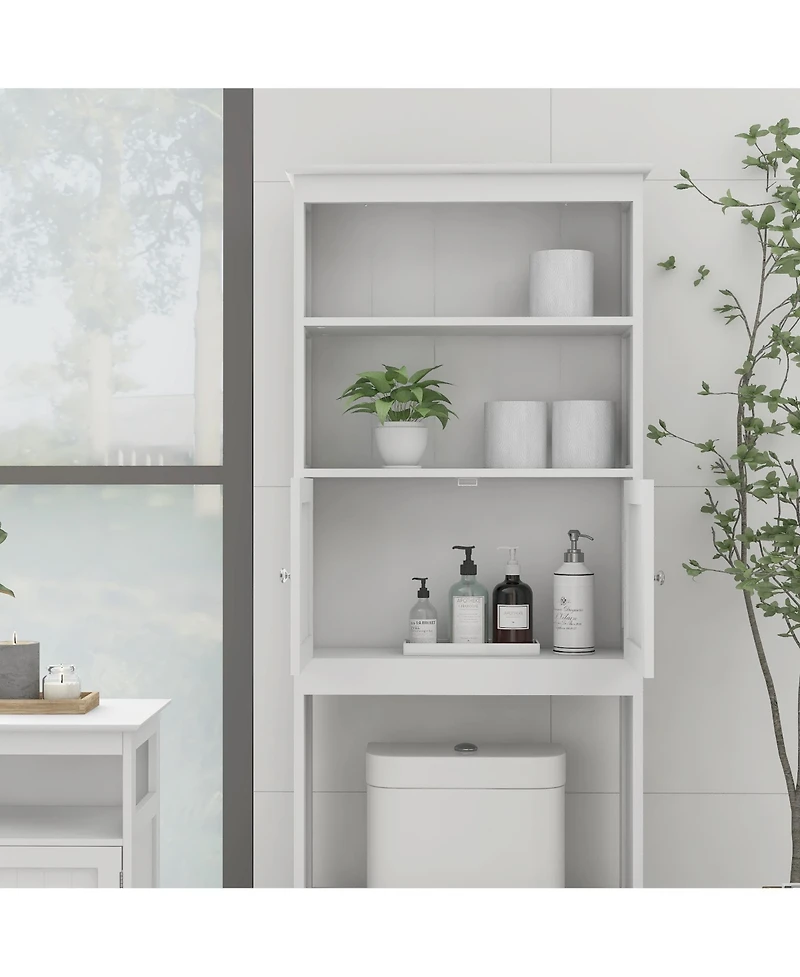 Airsurfer 2-Tier Bathroom Spacesaver Storage Shelf with 2 Doors Wood Storage Organizer Cabinet Freestanding Shelf White