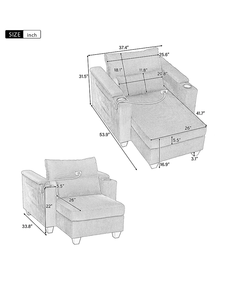 Convertible Chaise Lounge 37.4 Inches Sofa Chair Bed Corduroy Sleeper with Usb Ports , Two Cup Holders, Phone Holder and Ample Storage Space