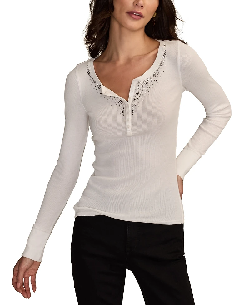 Lucky Brand Women's Embellished Long-Sleeve Henley Top
