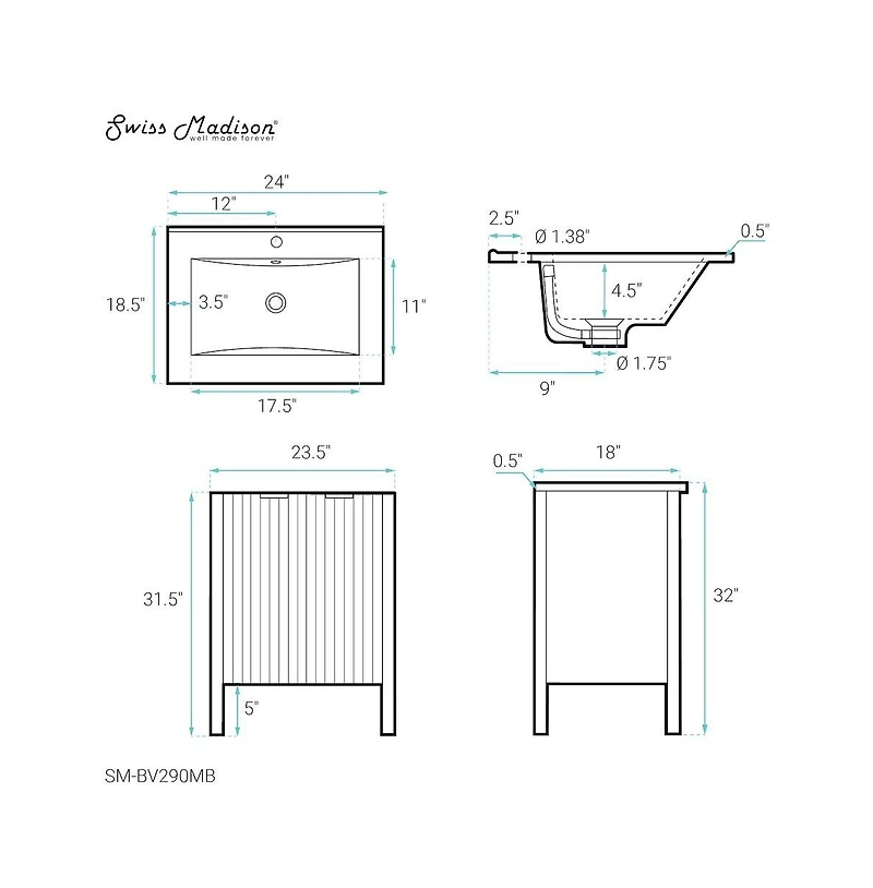 Swiss Madison Bastille 24 in. White Bathroom Vanity With Black Ceramic Sink Top