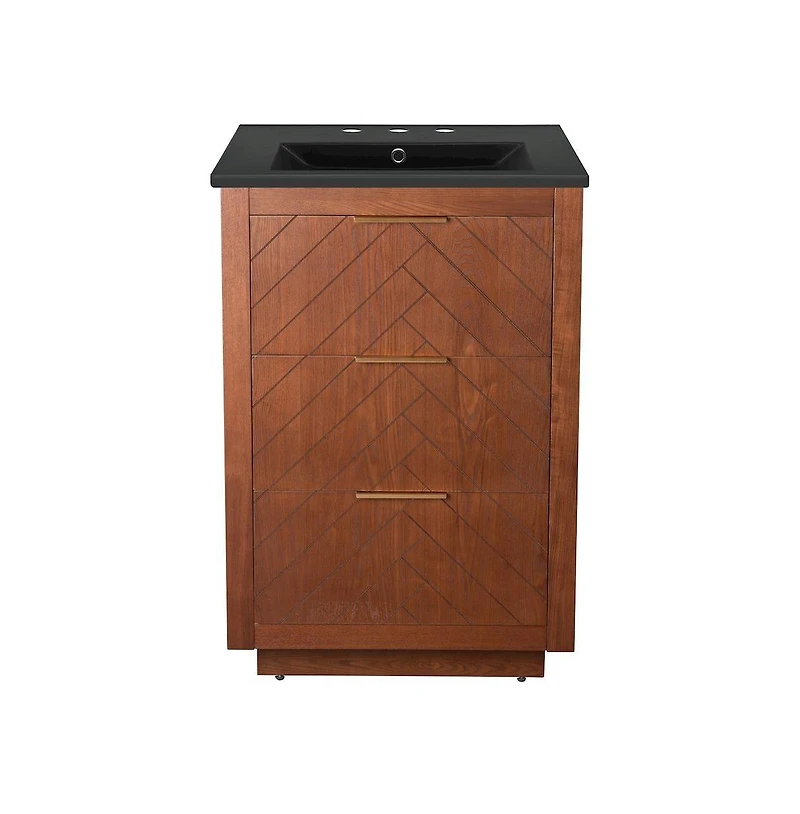 Swiss Madison 24" Freestanding Bathroom Vanity in Brown Oak, Black 3-Hole Centerset Sink Top