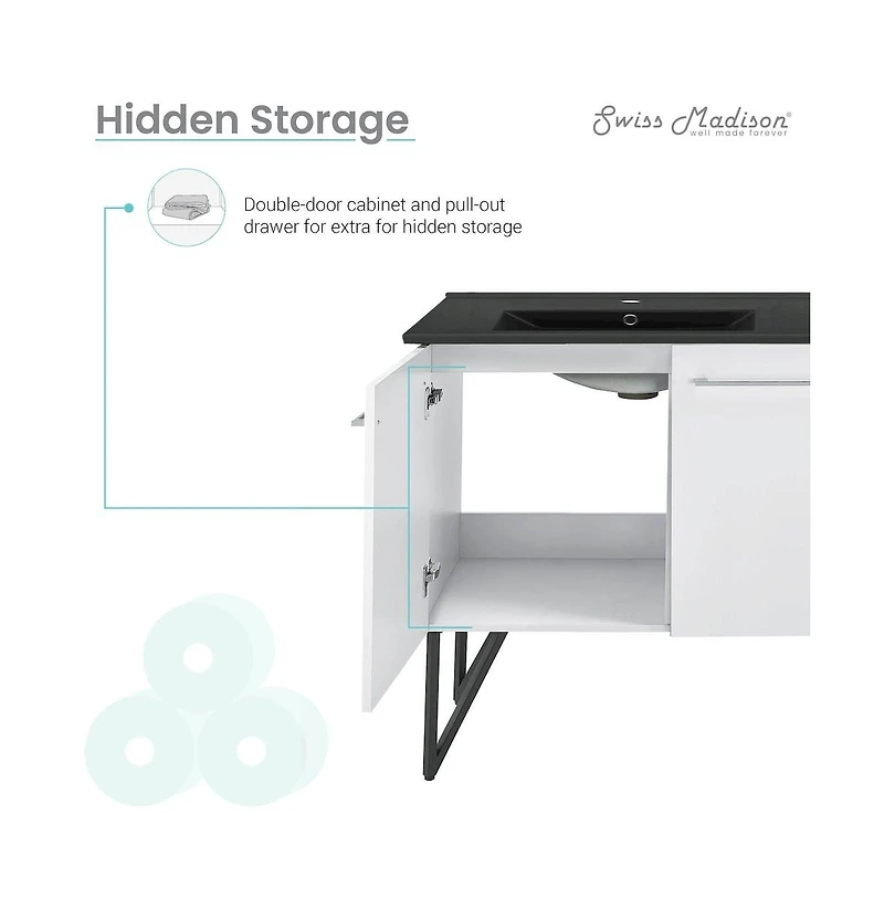 Swiss Madison 60 in. White, Double Basin Bathroom Vanity With Black Artificial Stone Sink Top