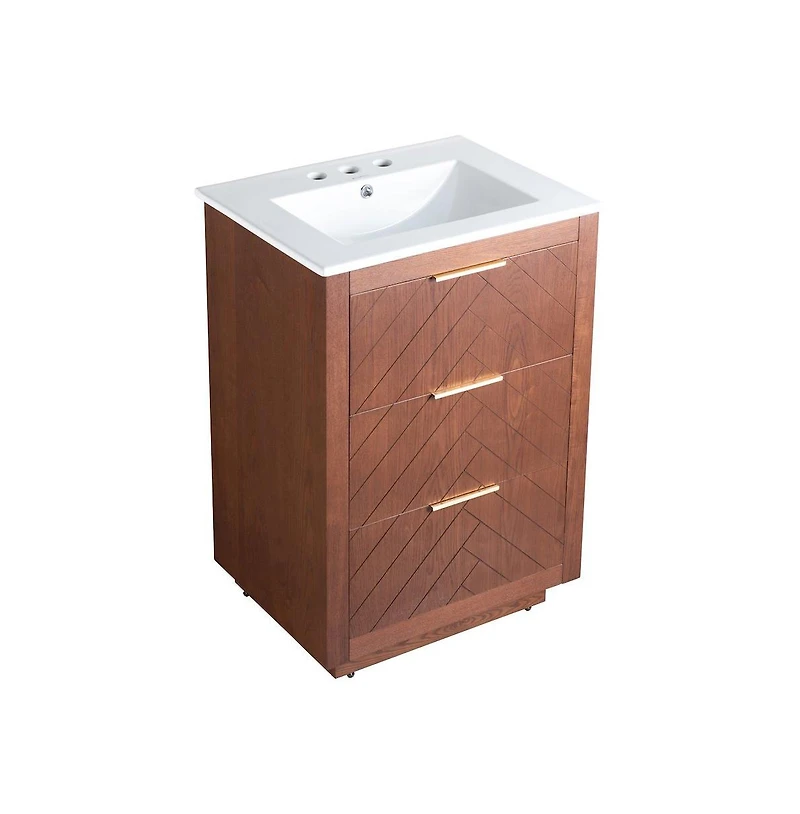 Swiss Madison 24" Freestanding Bathroom Vanity in Brown Oak with 3-Hole Centerset Sink Top