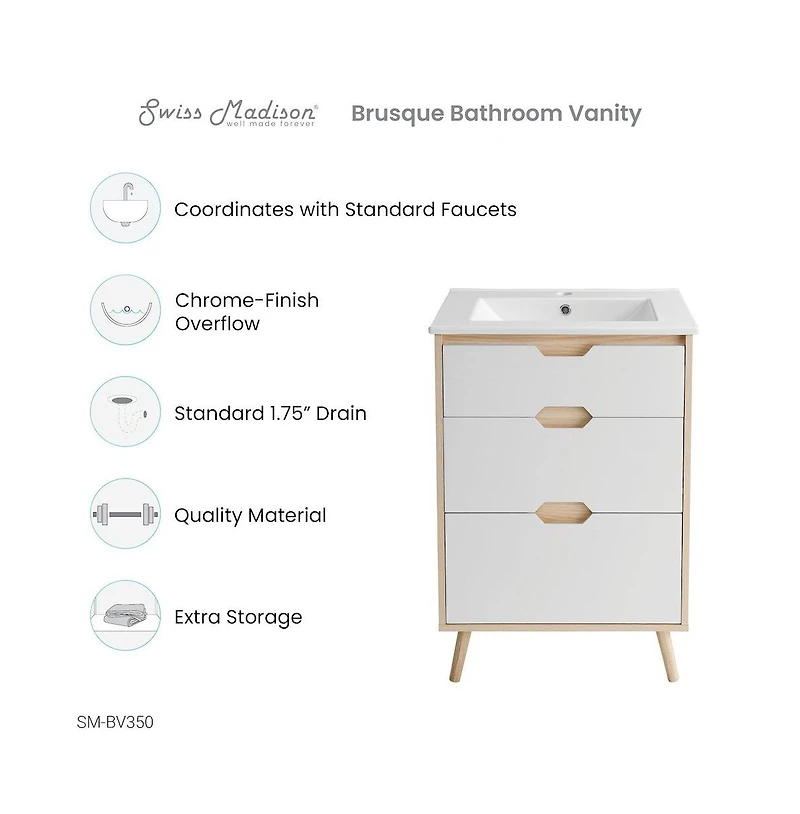 Swiss Madison Brusque 24" Freestanding Bathroom Vanity in Natural Oak with Sink Top