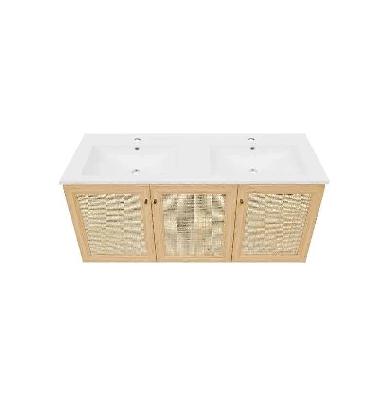 Swiss Madison 48" Wall-Mounted Bathroom Vanity in Natural Oak with Double Basin Sink Top