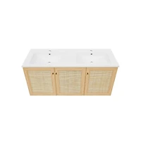 Swiss Madison 48" Wall-Mounted Bathroom Vanity in Natural Oak with Double Basin Sink Top