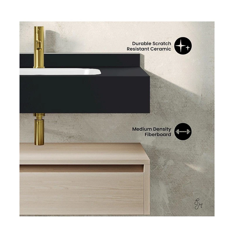 Avancer 36" Wall-Mounted Bathroom Vanity in White Oak with Black Marble Sink Top