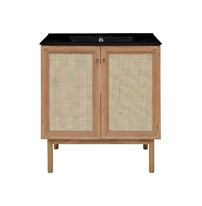 Swiss Madison 30" Freestanding Bathroom Vanity in Golden Oak, Black 3-Hole Widespread Sink Top