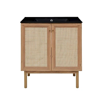 Swiss Madison 30" Freestanding Bathroom Vanity in Golden Oak, Black 3-Hole Widespread Sink Top