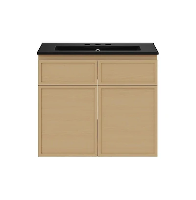 Swiss Madison 24" Wall-Mounted Bathroom Vanity, Natural Oak, Black 3-Hole Widespread Sink Top