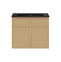 Swiss Madison 24" Wall-Mounted Bathroom Vanity, Natural Oak, Black 3-Hole Widespread Sink Top