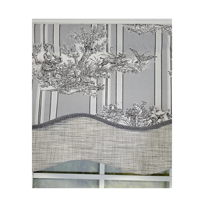 Rlf Home French Tableau Classic Toile Stripe and Solid Fabric Gimp Trim Ivory Lining No Header Glory Valance 50" X 16" Camel