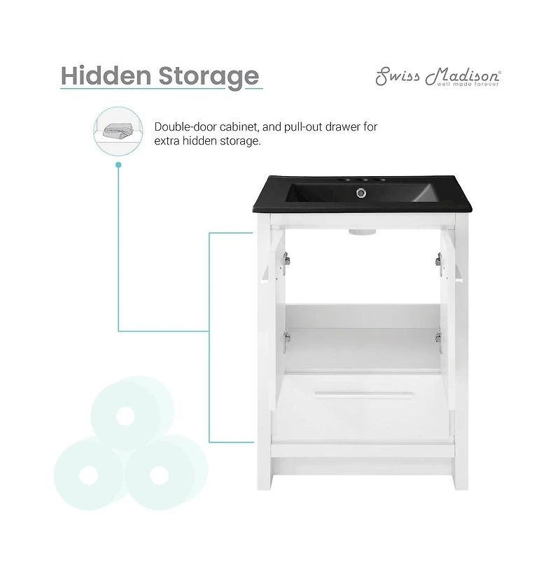 Swiss Madison Virage 24 in. White Bathroom Vanity With Black, 3-Hole Ceramic Sink Top