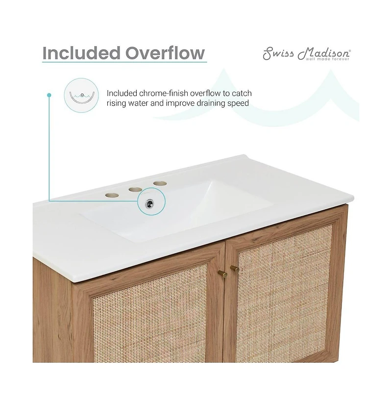 36 in. Brown Oak Wall Hung Bathroom Vanity With White, 3-Hole Ceramic Sink Top