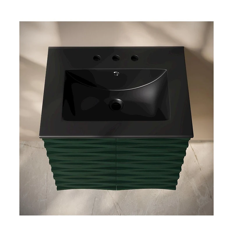 Swiss Madison 24" Wall-Mounted Bathroom Vanity in Green Oak, Black 3-Hole Widespread Sink Top